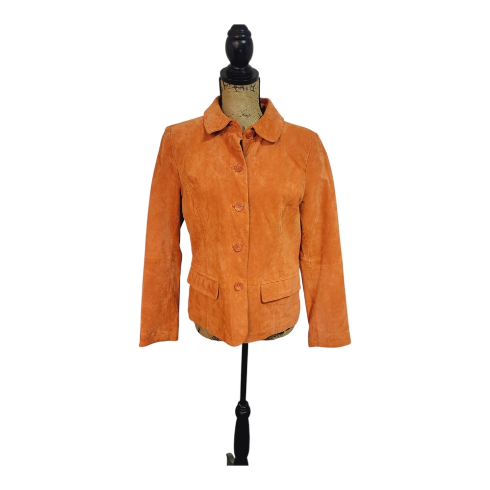Christopher & Banks Leather Button Jacket Coat Suede Autum Orange Size M Women's